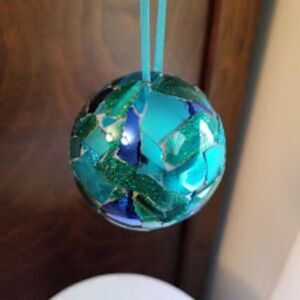 Handmade Mosaic Blue Turquoise Glass Ornament, Sparkle, Christmas Holiday, Artsy
